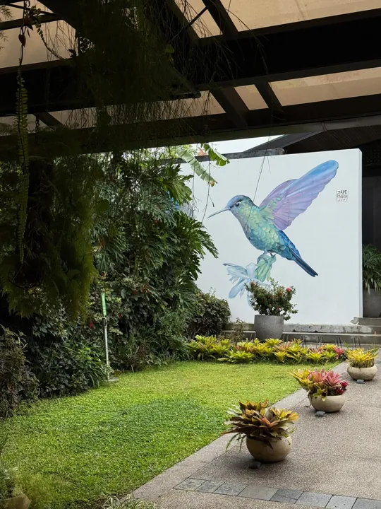 Garden path leading toward a hummingbird mural