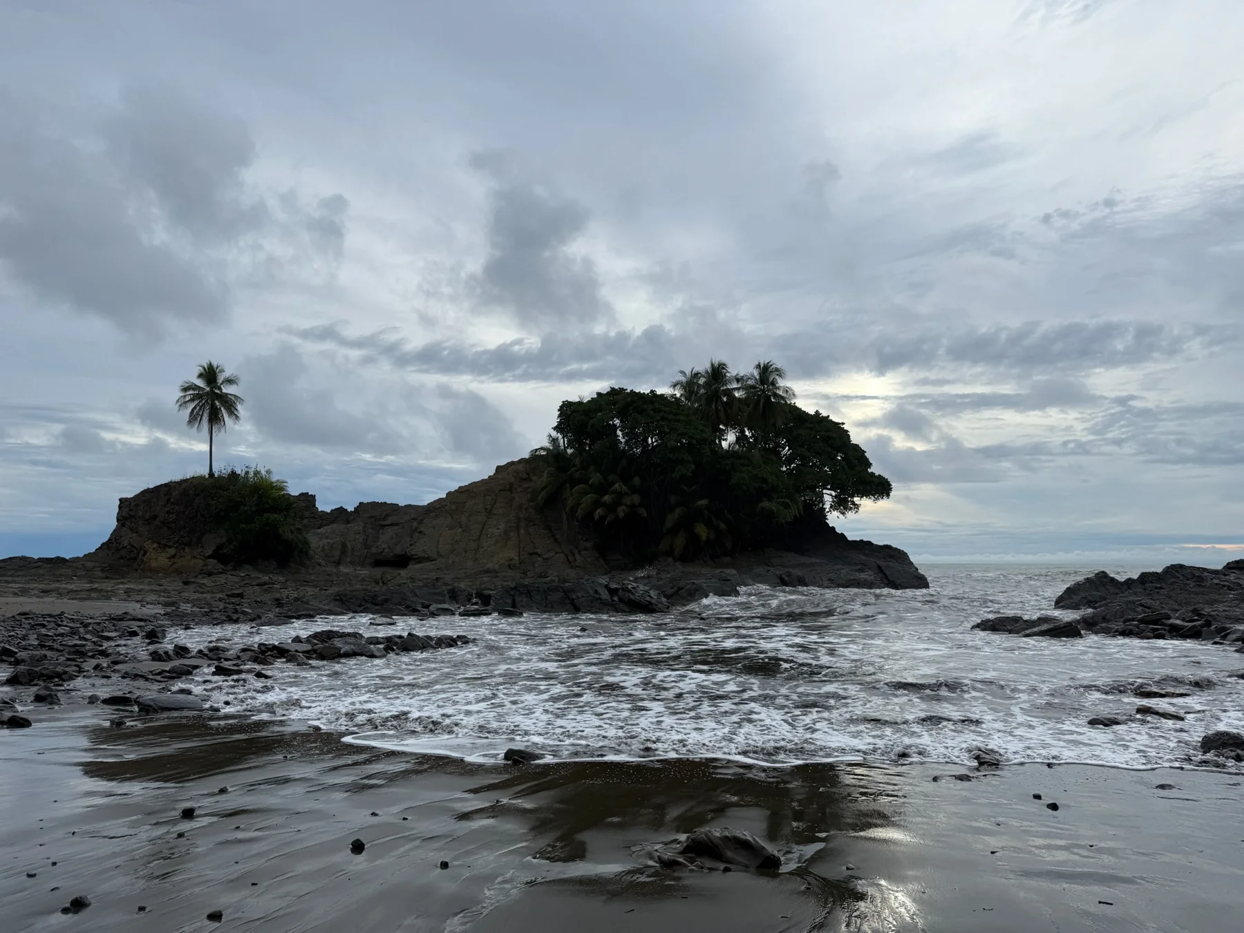 Waves around a small tree-covered coastal island