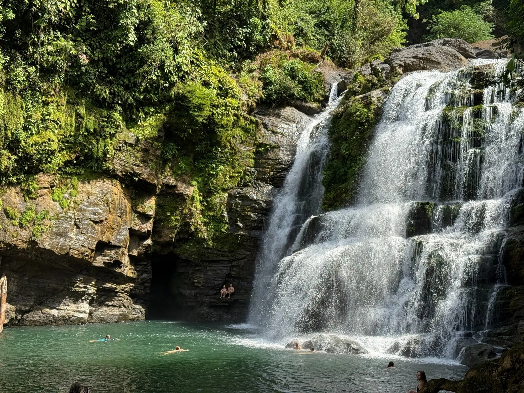 Waterfall spilling over rocks into a forest pool