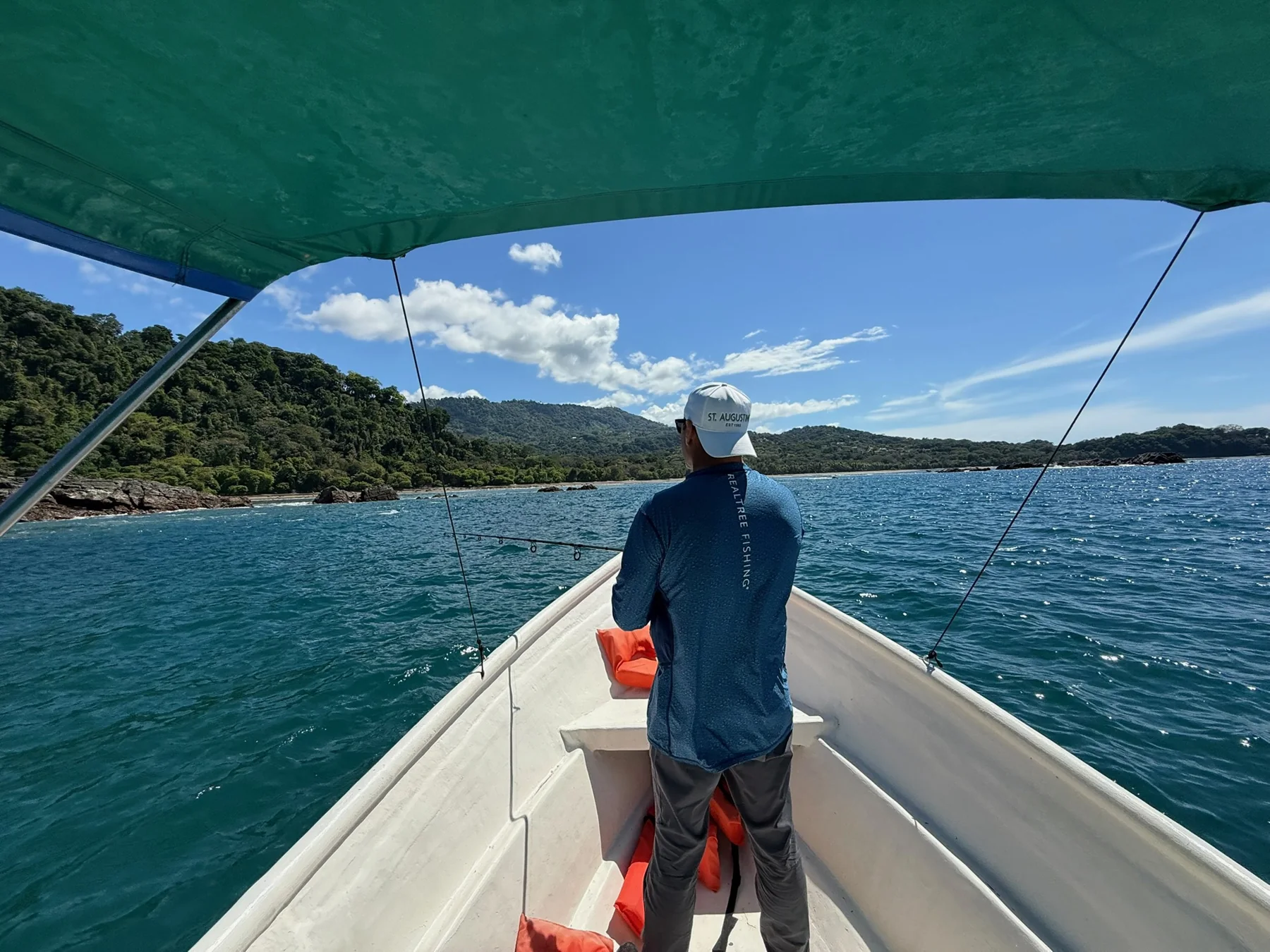 View from a shaded boat toward the green coastline