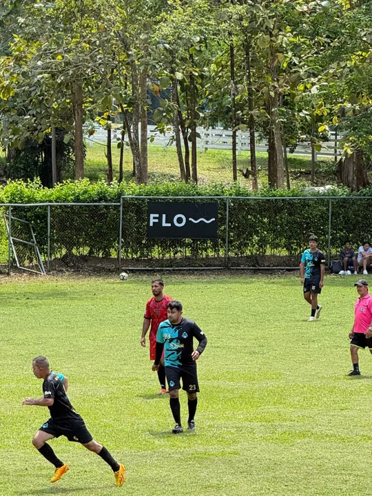 Soccer players on a green field beside a Flow banner