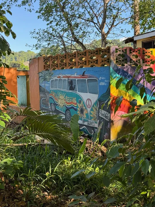 Colorful roadside mural beneath tropical trees